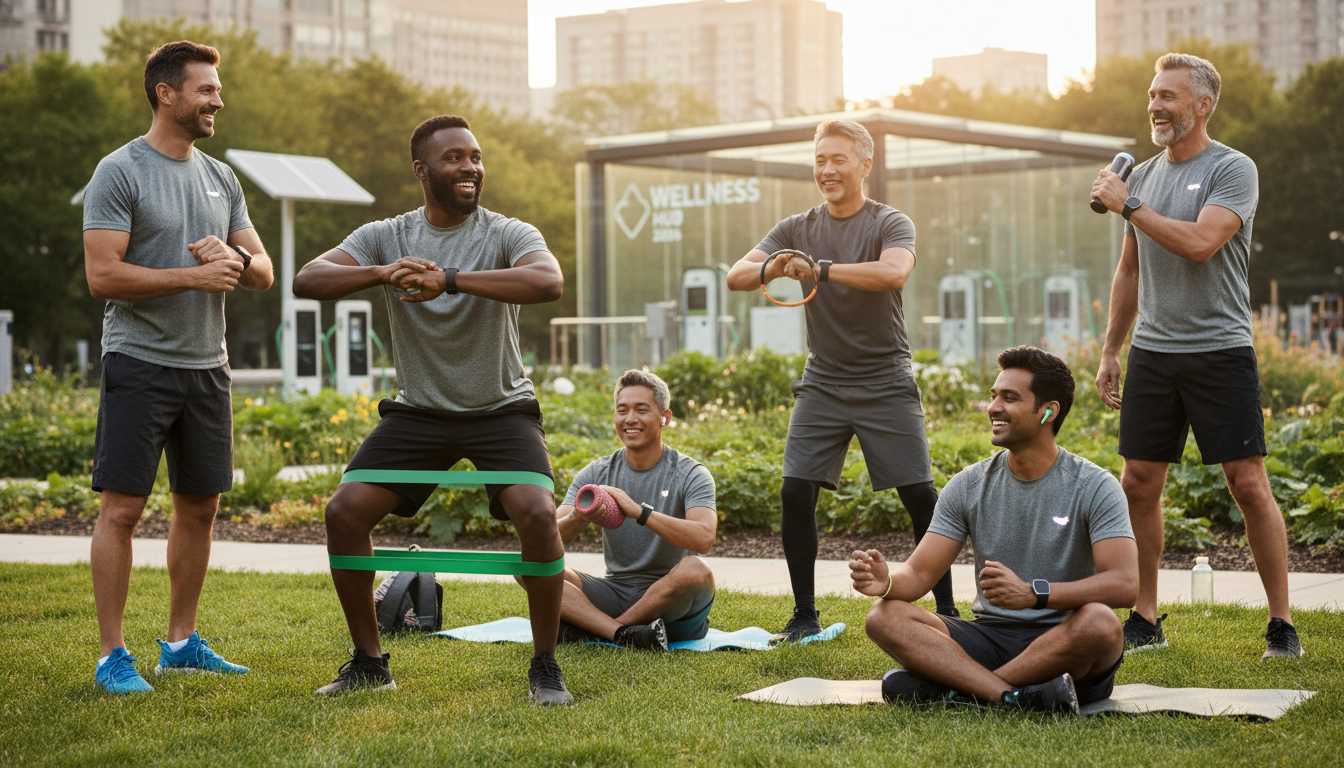 Diverse men in their 40s and 50s using fitness tech gadgets and practicing wellness outdoors in 2026