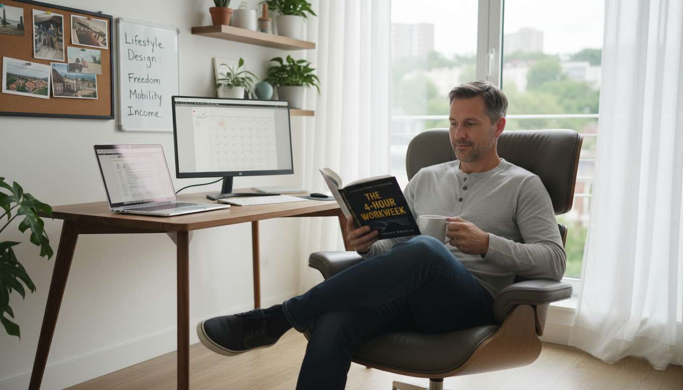 Professional man in his 40s reading The 4-Hour Workweek book in modern home office setting with laptop and coffee, representing lifestyle design and work-life balance