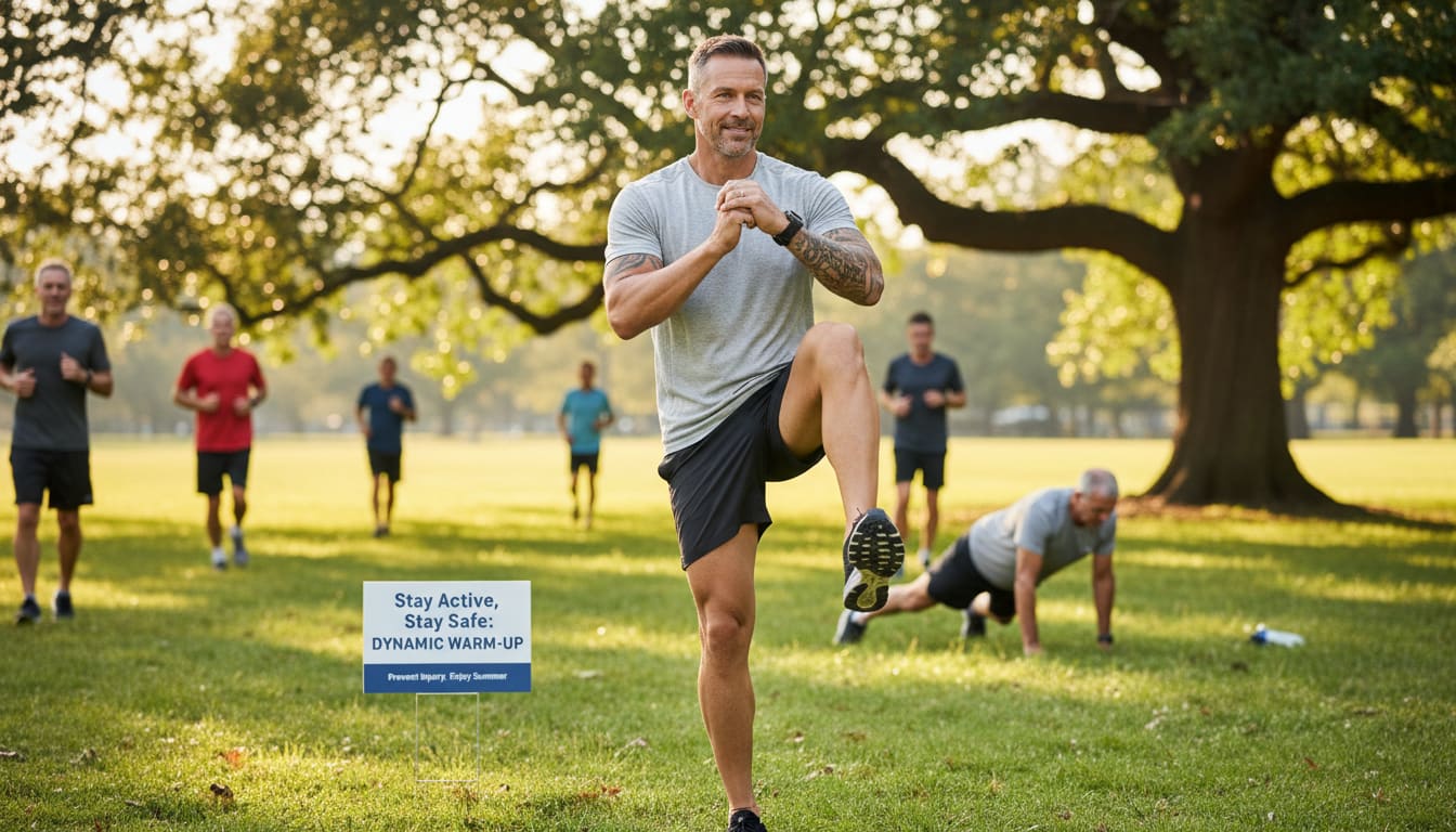 Man in his 40s doing dynamic stretching warm-up exercises outdoors in summer to prevent sports injuries