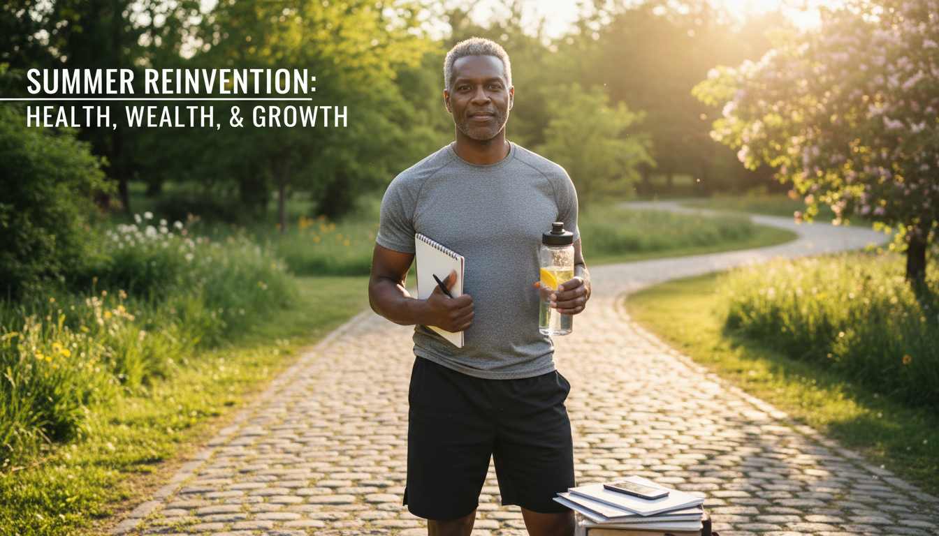 Man over 40 starting 90-day summer challenge outdoors with journal and water bottle, summer morning, motivation