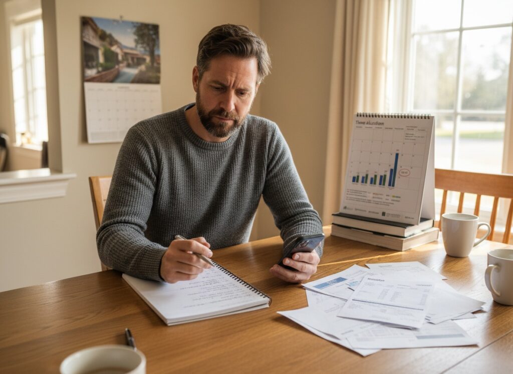 Man in his 40s conducting personal resource audit with notebook, calendar, and financial documents to assess time, energy, and money allocation