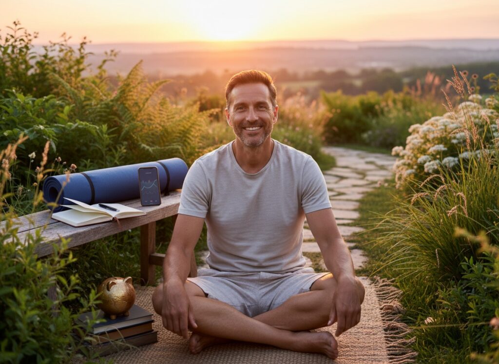 Man in his 40s enjoying a balanced summer evening with symbols of fitness, mindset, and financial independence