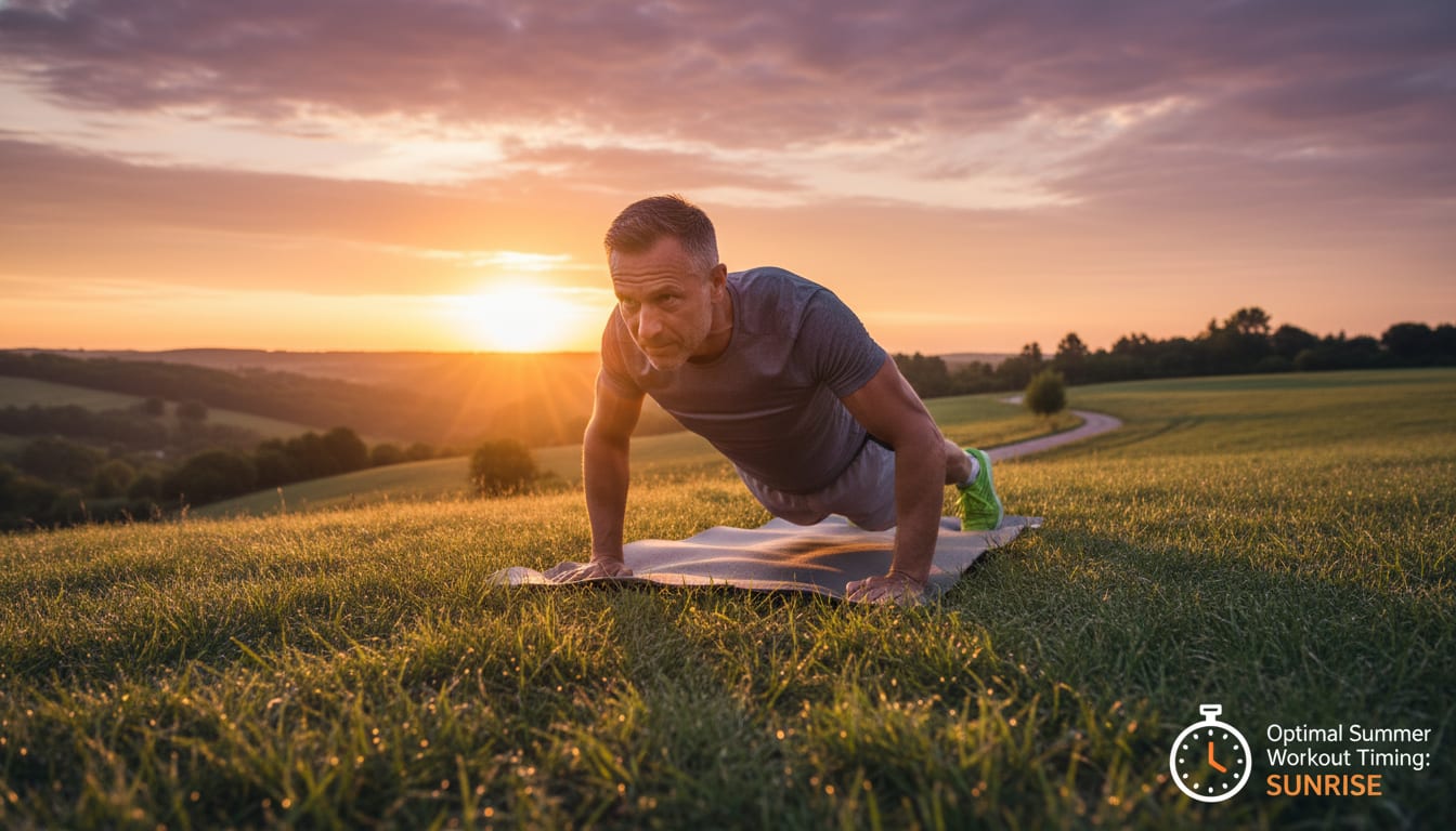Man in his 40s exercising outdoors during golden hour with sunrise in background, demonstrating optimal summer workout timing