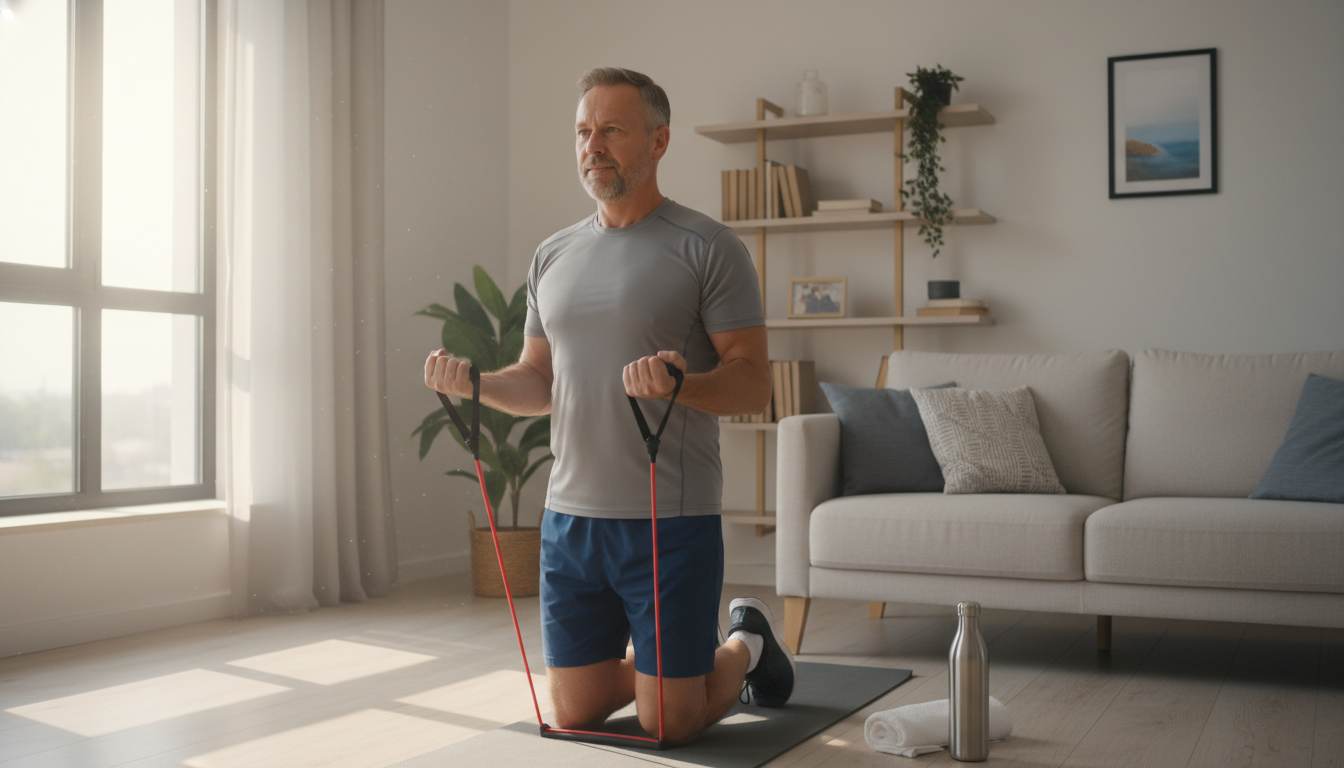 Man in his 40s doing an indoor resistance band workout in a sunlit living room, staying fit during hot summer weather