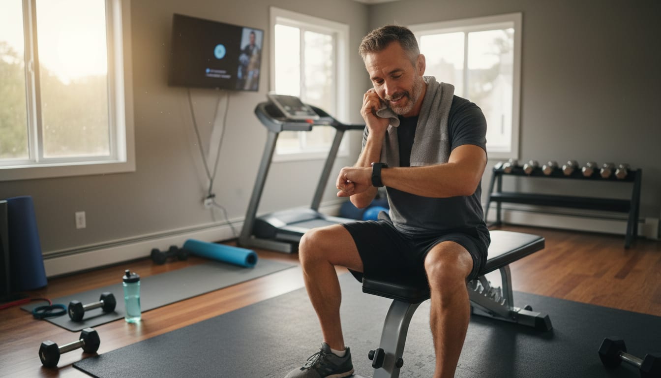 Man in his 40s checking fitness tracker after workout in home gym - best fitness trackers for men over 40