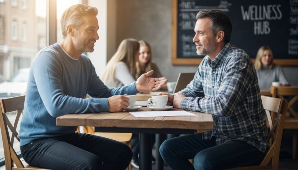 Two professional men over 40 having supportive mentorship conversation about workplace burnout recovery