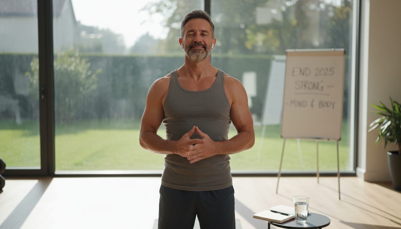 Man in his 40s practicing morning confidence routine with good posture in home setting