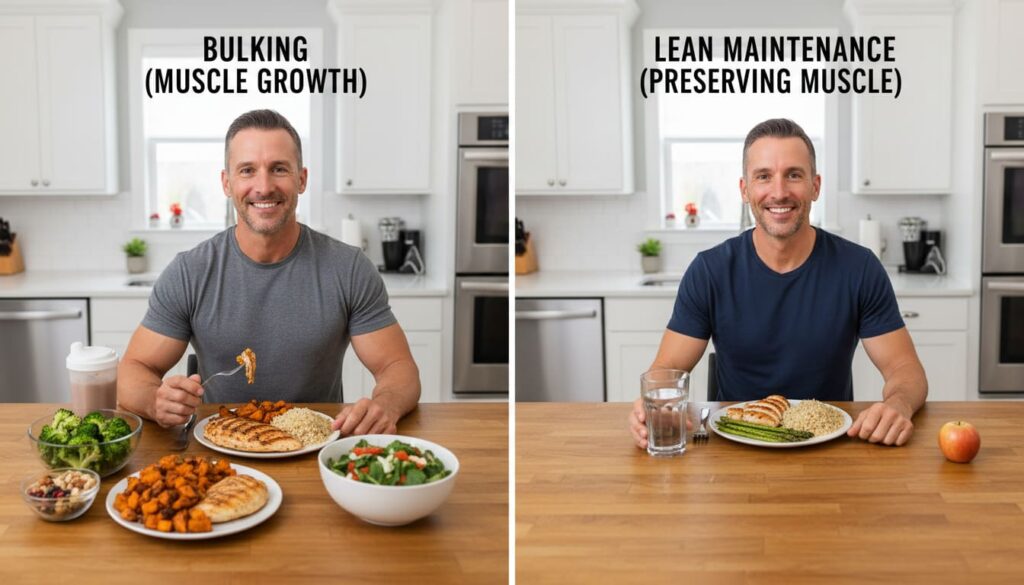 Side by side comparison of bulking with larger meal portions versus staying lean with maintenance portions for men over 40