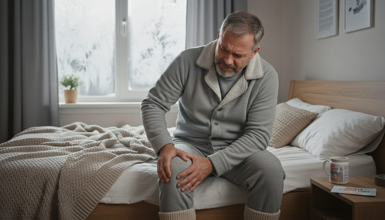 Man in his 40s experiencing knee joint pain on cold winter morning at home