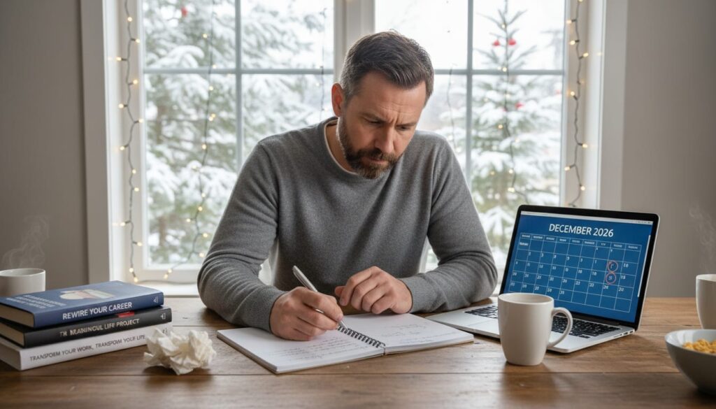 Man in his 40s planning career change at home with notebook and coffee during December