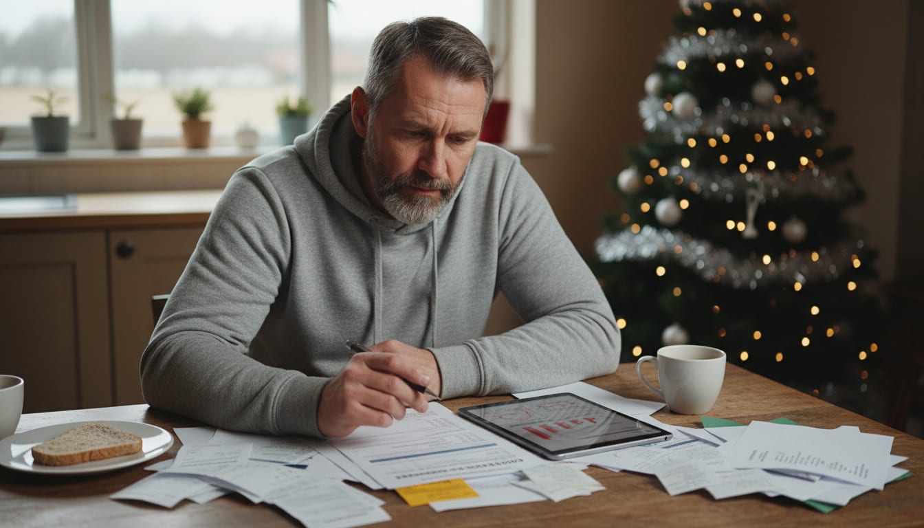 Man over 40 reviewing December budget and holiday spending at home