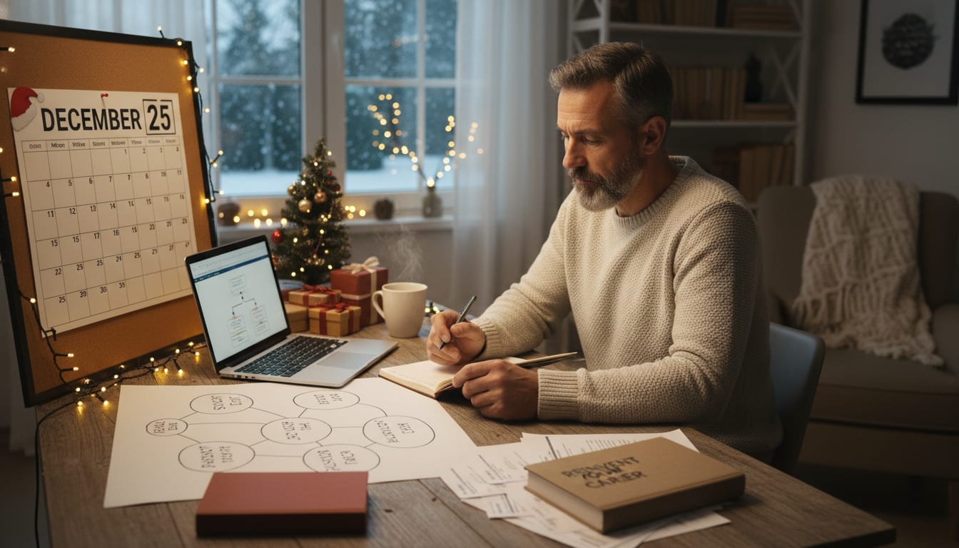 Man in his 40s using December holiday downtime for career reflection and planning with calendar and notes