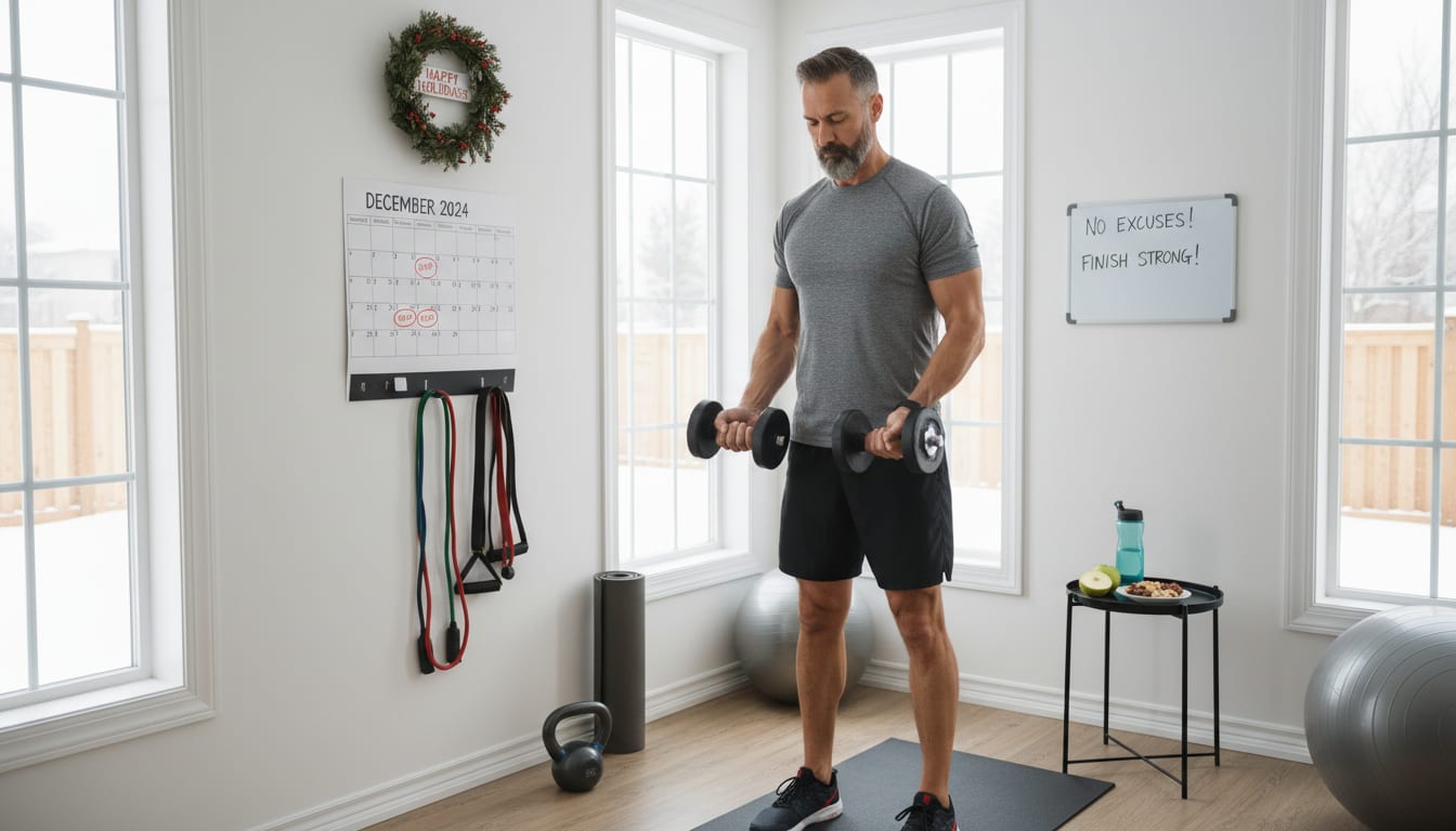 Man in his 40s starting December fitness reset with home workout equipment and water bottle