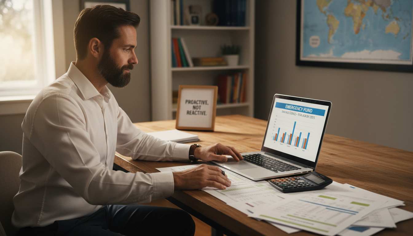 Confident man in his 40s at home office reviewing emergency fund savings goals on laptop, with calculator and financial planning documents, showing determination and financial security mindset