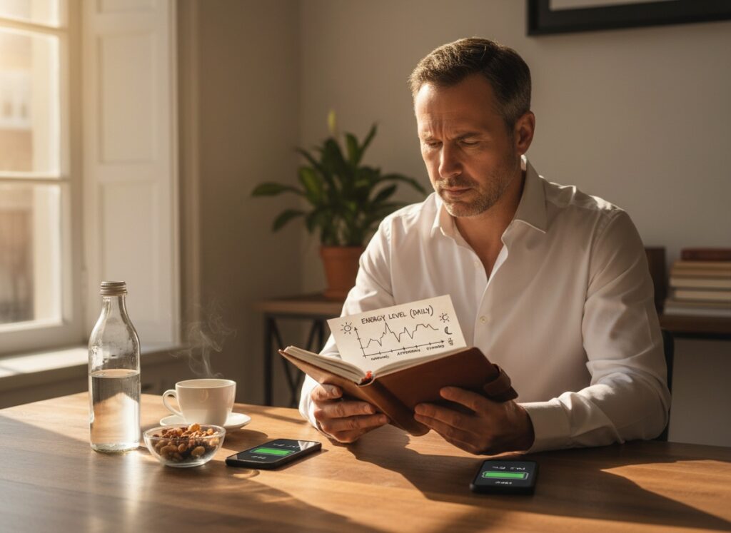 Man in his 40s tracking daily energy levels in journal with water bottle and healthy snacks demonstrating smart energy management