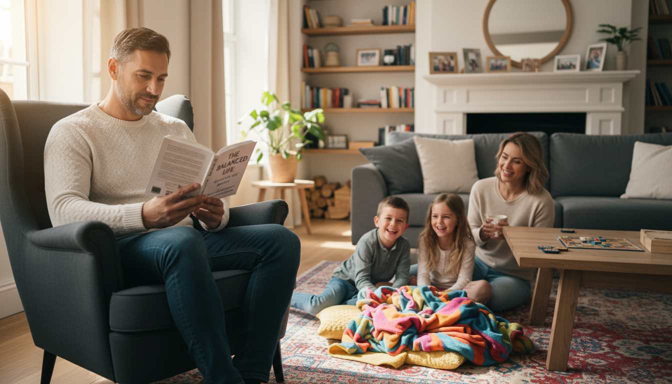 Father in his 40s reading personal development book while his family plays nearby in comfortable living room setting, representing the balance between family time and personal growth