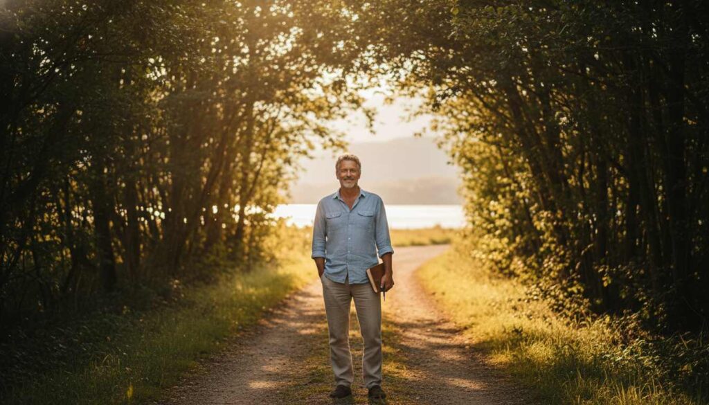 Man over 40 standing at the end of a sunlit path, summer, reflecting on transformation, accomplishment