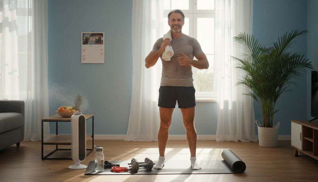 Man in his 40s finishing an indoor workout, smiling and wiping sweat with a towel, standing confidently in a sunlit living room with workout gear nearby during summer