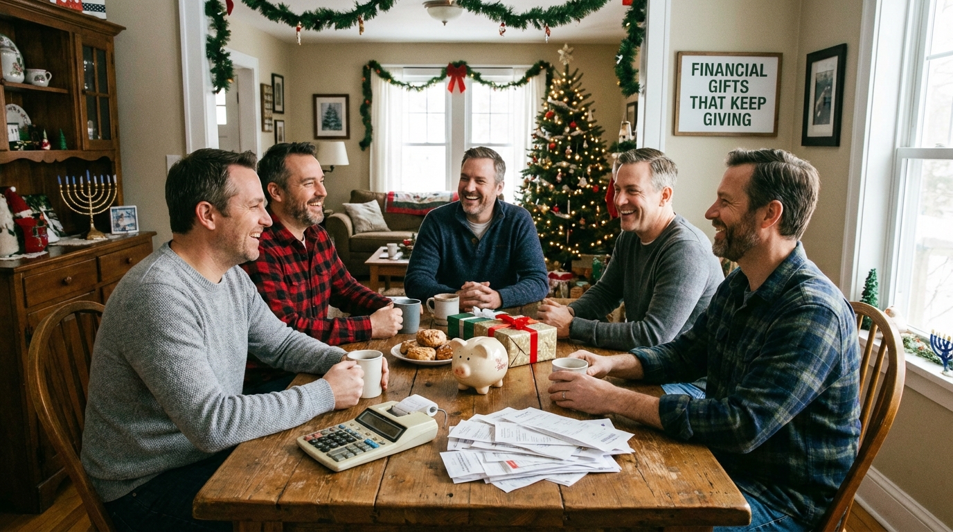A diverse group of men in their 40s and 50s, gathered around a table with coffee, gift boxes, and simple financial documents, in a cozy, holiday-decorated home setting.
