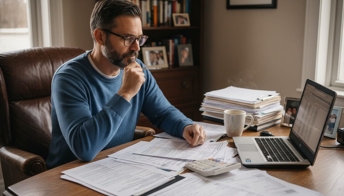 Man in his 40s reviewing financial documents and doing year-end money audit at home office desk