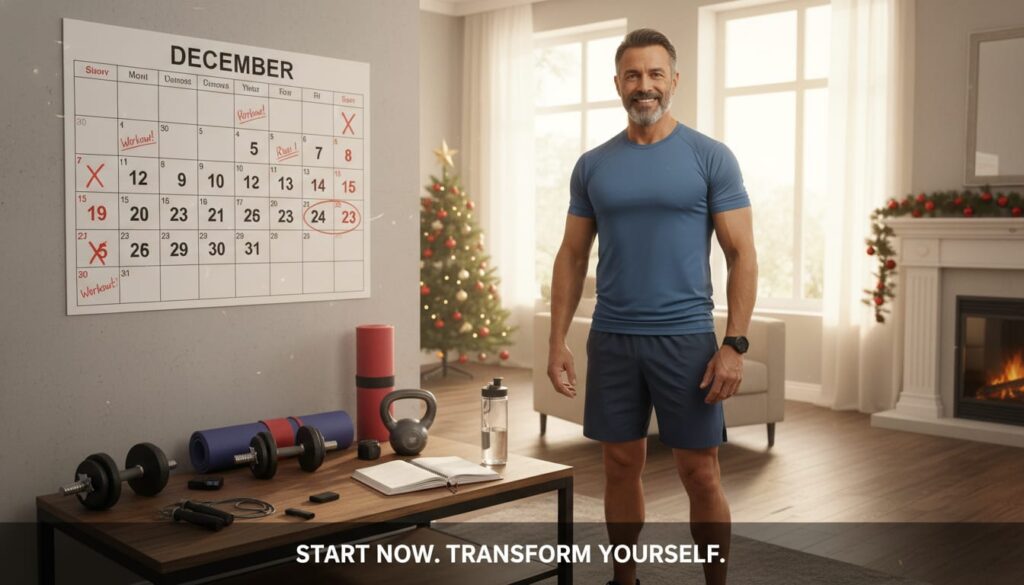 Successful man over 40 showing fitness progress with workout calendar and home gym equipment in December