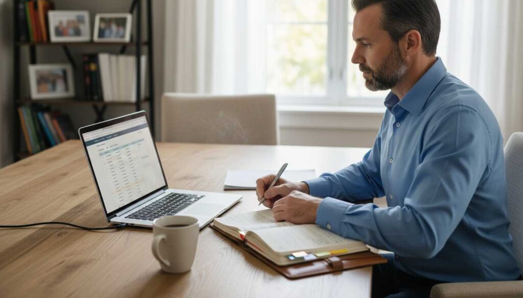 Professional man in his 40s putting togther his Summer networking action plan in home office