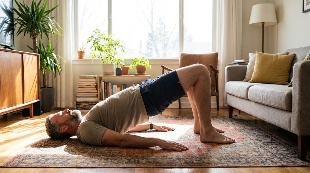 Man in his 40s performing a glute bridge at home in a cozy living room, hips lifted, knees bent, feet flat.