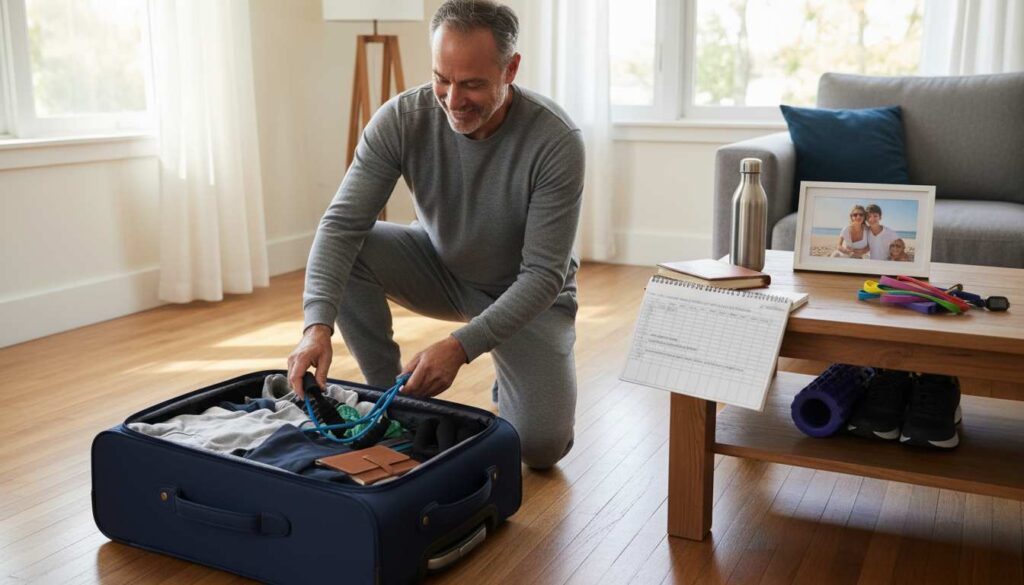 Energized man over 40 unpacking wellness gear after vacation, showing benefits of goal-supportive travel planning