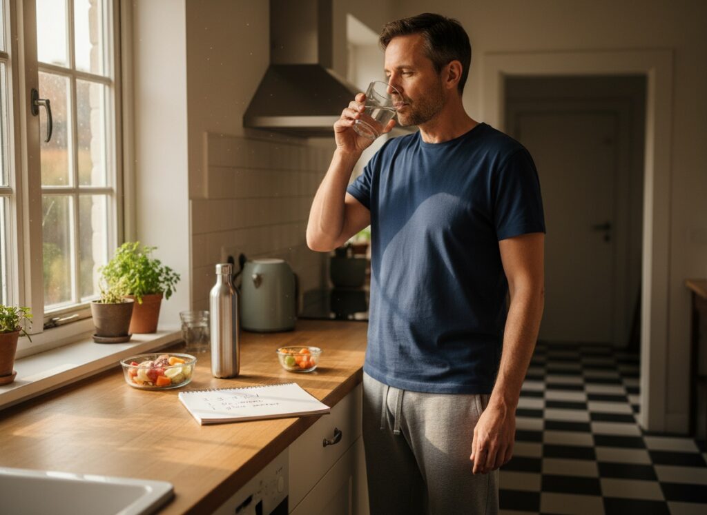 Man in his 40s implementing strategic habit adjustments with morning water routine and planning notebook showing 3-2-1 formula
