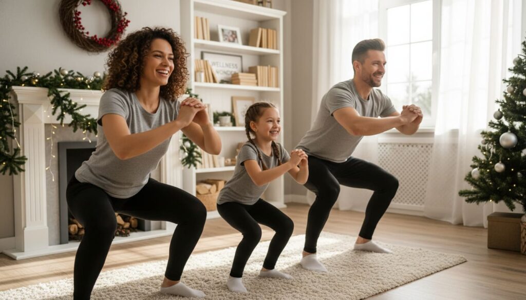 Man in his 40s leading a family workout at home in a cozy living room with holiday decorations, everyone smiling and participating.