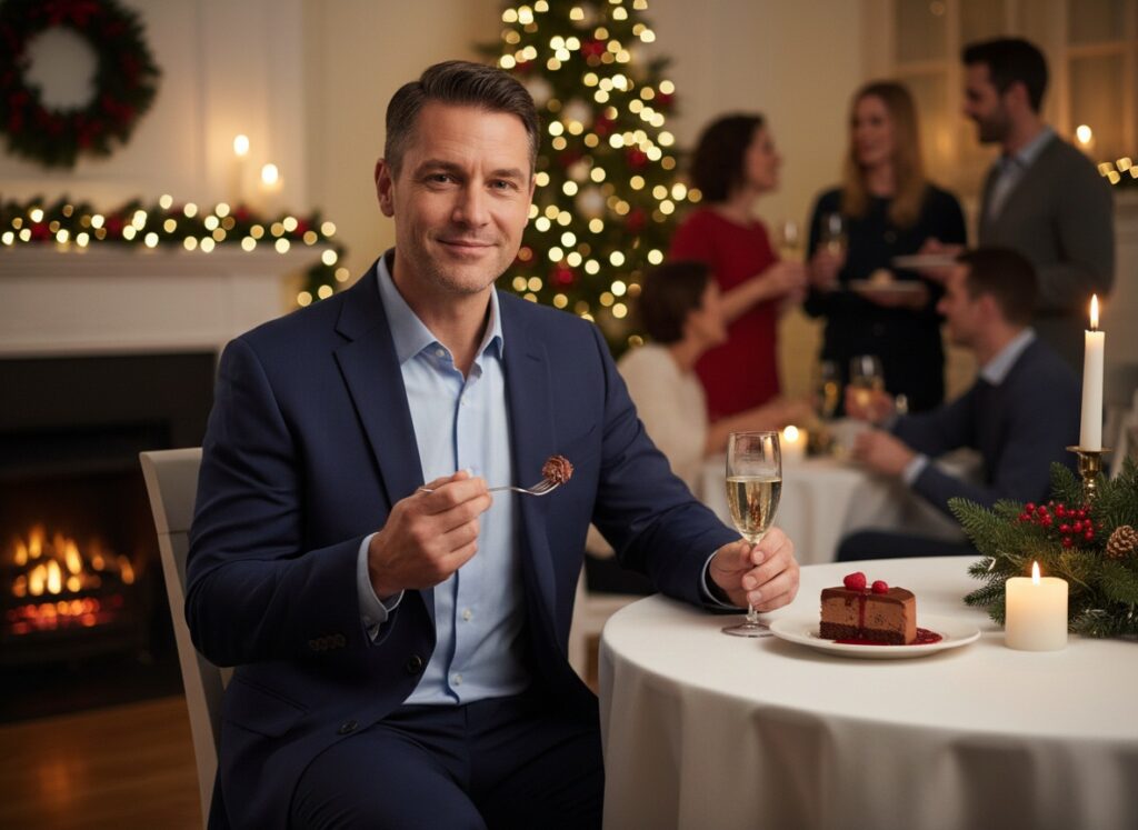 Man in his 40s enjoying holiday party dessert with guilt-free balanced approach using 80/20 rule