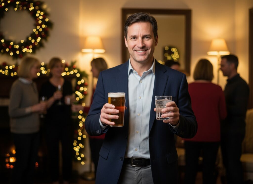 Man in his 40s demonstrating 1-for-1 drinking strategy with beer and water at holiday party