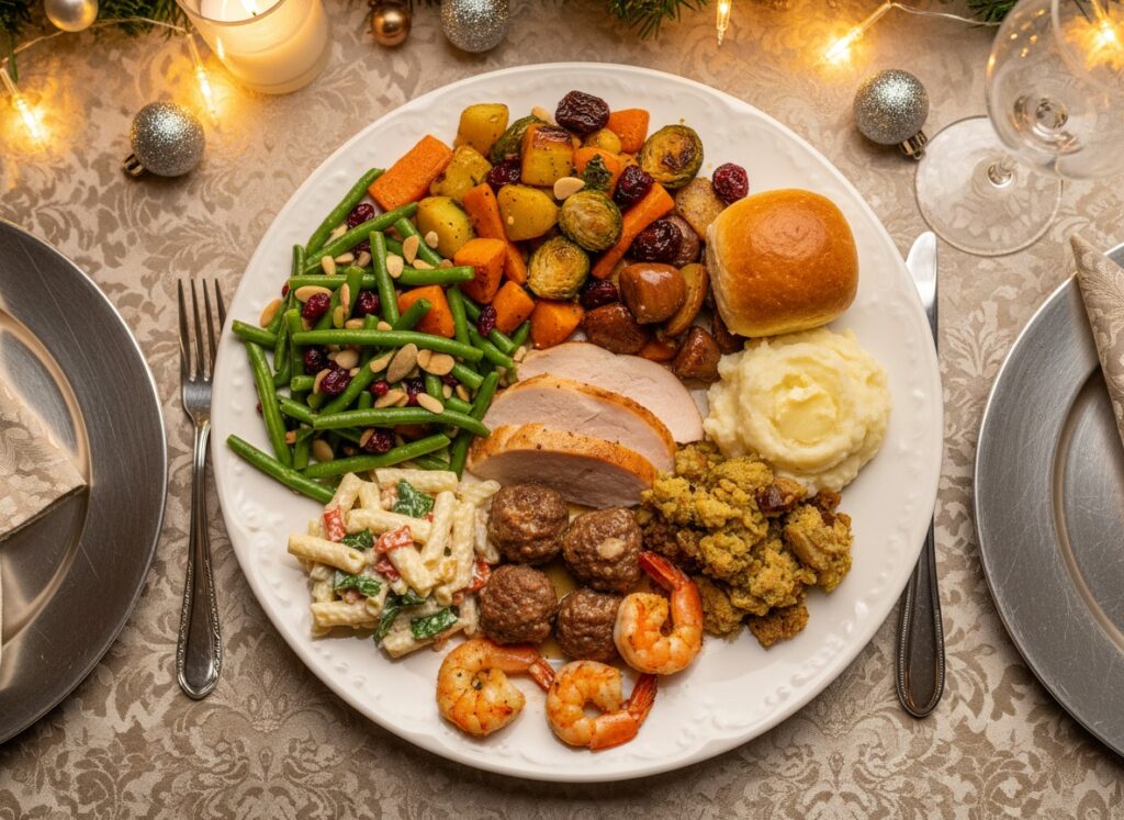 Balanced holiday party plate demonstrating 50/30/20 rule with proteins vegetables and festive dishes
