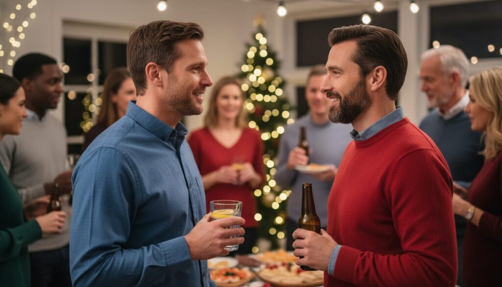 Two men in their 40s socializing naturally at holiday party while making mindful drink choices