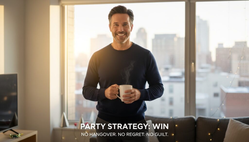 Man in his 40s feeling refreshed and energized morning after holiday party with smart strategies