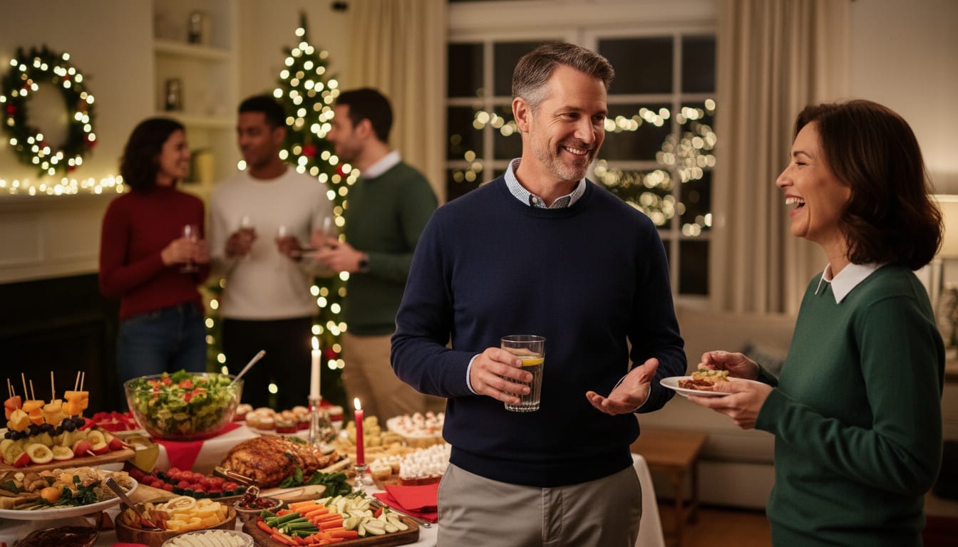 Man in his 40s confidently navigating holiday party with healthy choices and balanced approach