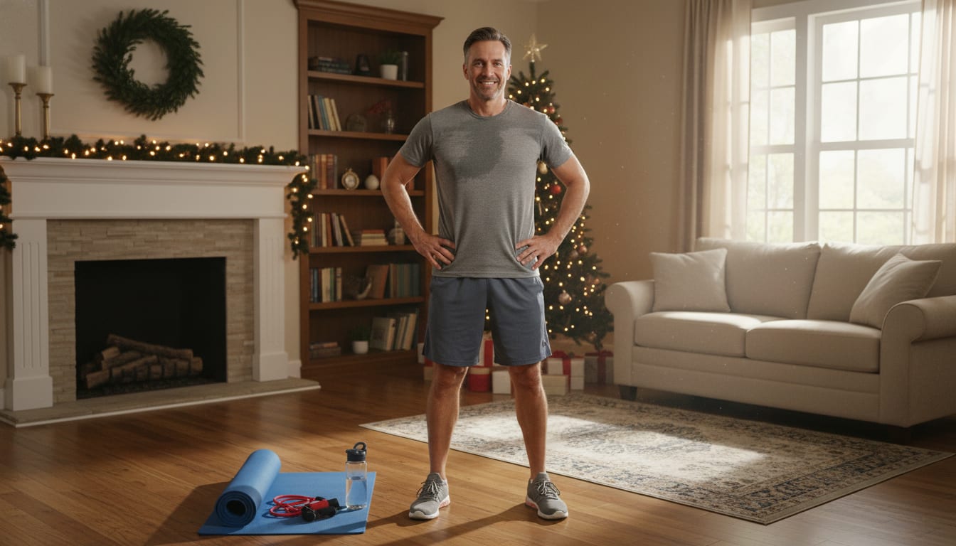 Man in his 40s smiling after a 20-minute home workout in a cozy living room with yoga mat, water bottle, resistance bands, and holiday decor.