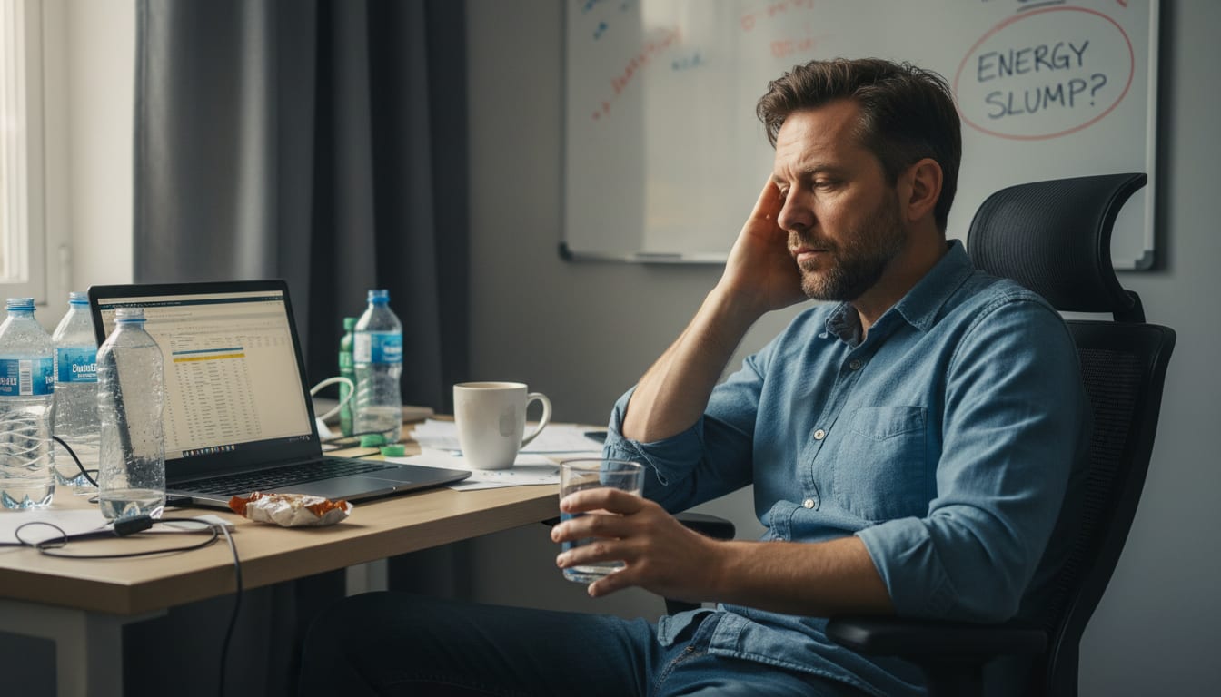 Thoughtful man in his 40s sitting at home office desk looking tired, illustrating the hydration challenges and energy issues men face after 40