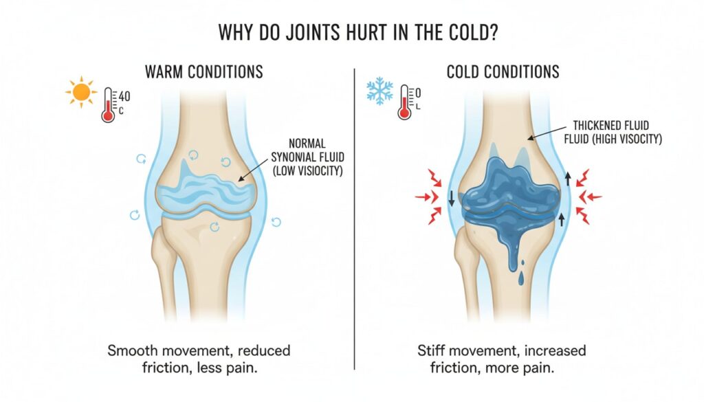 Diagram comparing joint function in warm versus cold weather showing synovial fluid thickness changes
