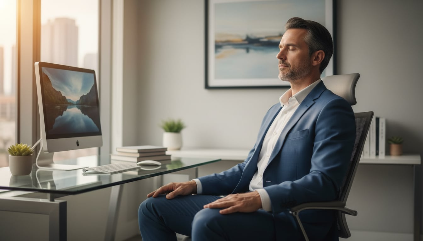 Professional man in his 40s practicing meditation at office desk