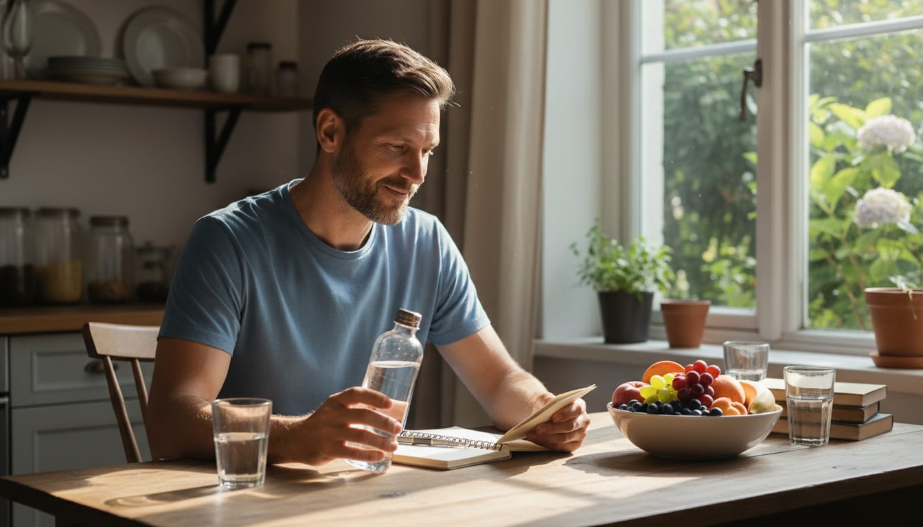 Man in his 40s focused and relaxed at a kitchen table with summer sunlight and greenery