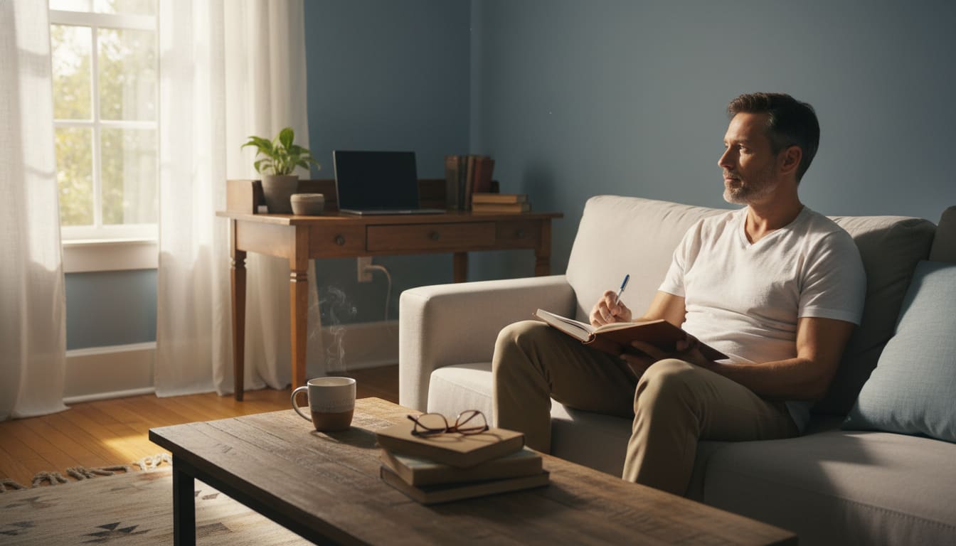 Man in his 40s journaling in a sunlit living room, looking peaceful and focused