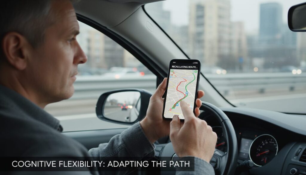 Man in his 40s checking GPS navigation and recalculating route, illustrating cognitive flexibility and mental adaptability