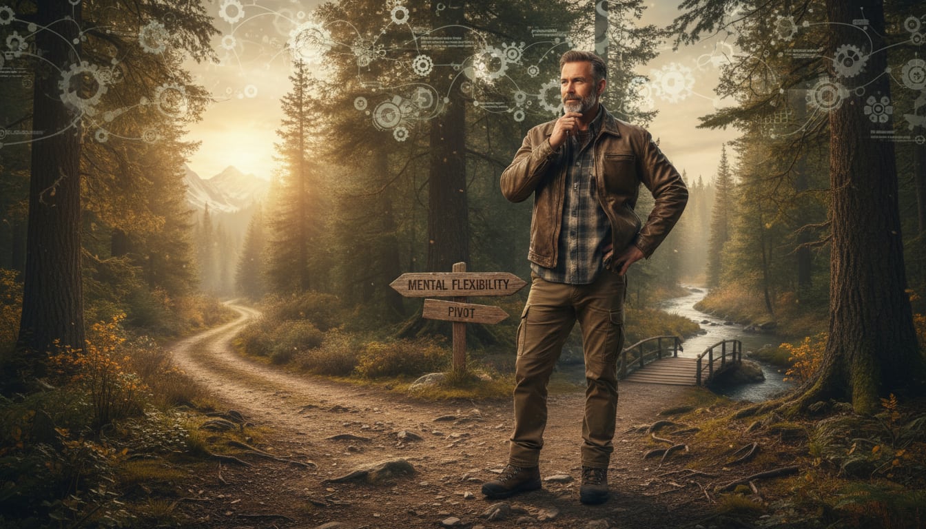 Man in his 40s standing at a crossroads considering multiple paths forward, representing mental flexibility and adaptability