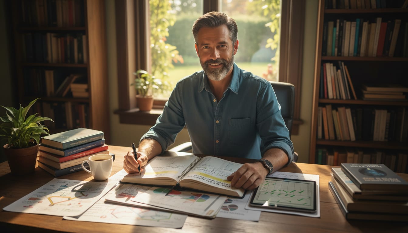 Man in his 40s confidently looking ahead with journal and planning materials, representing completed mental mid-year review and readiness for continued growth and resilience building