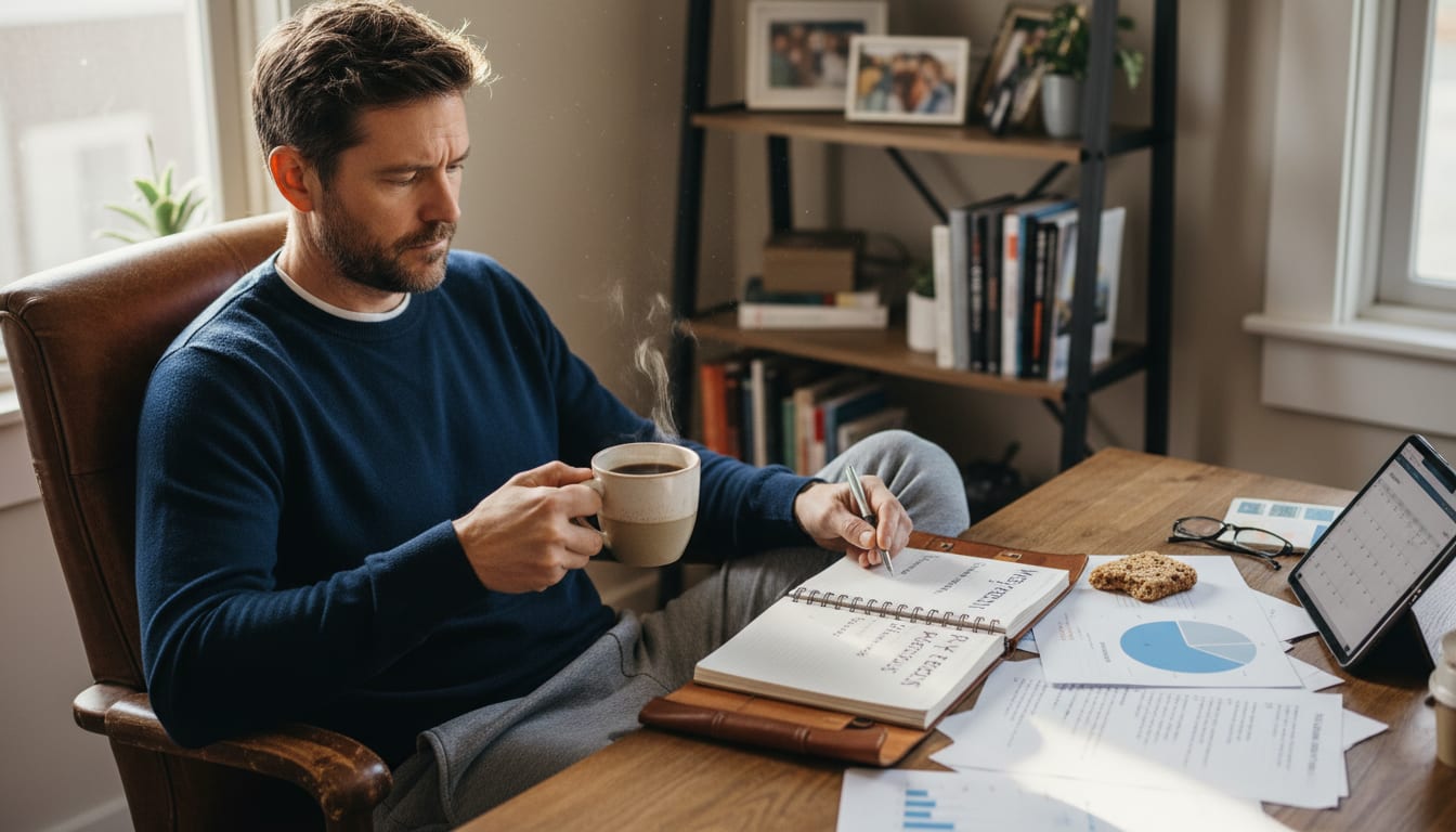 Man in his 40s sitting thoughtfully at home desk with journal and coffee, representing mental mid-year review and mindset progress assessment