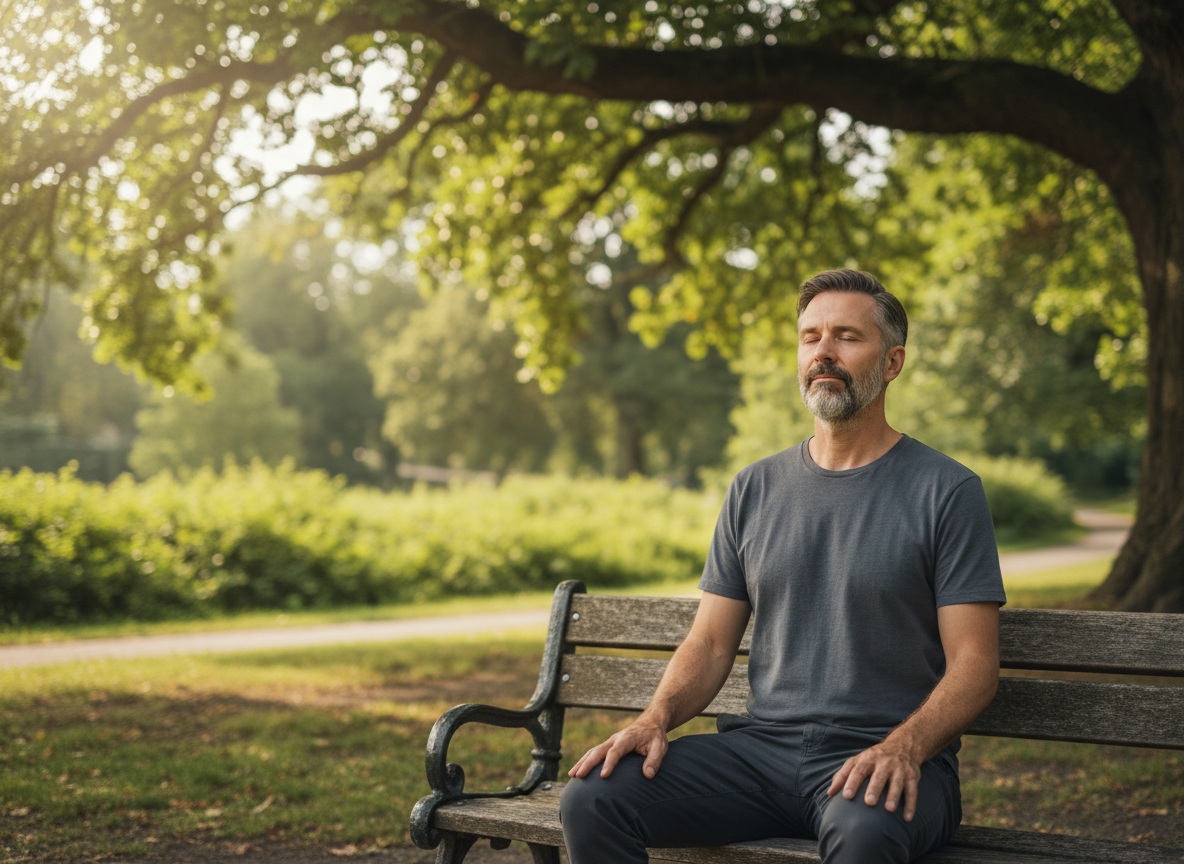 Man in his 40s meditating on a shaded park bench, practicing mindfulness for mental resilience