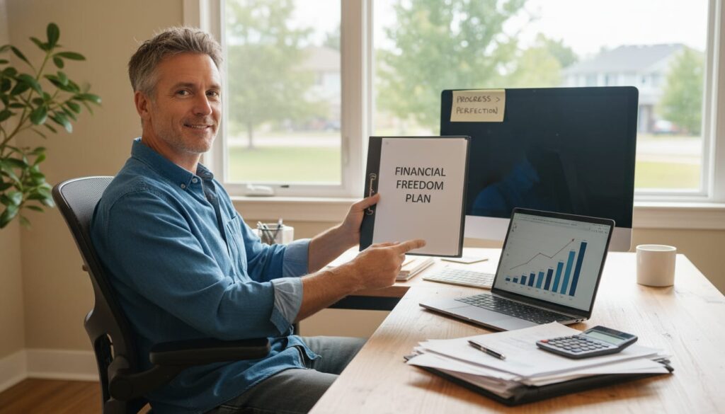 Confident man over 40 completing mid-year financial review successfully at home office