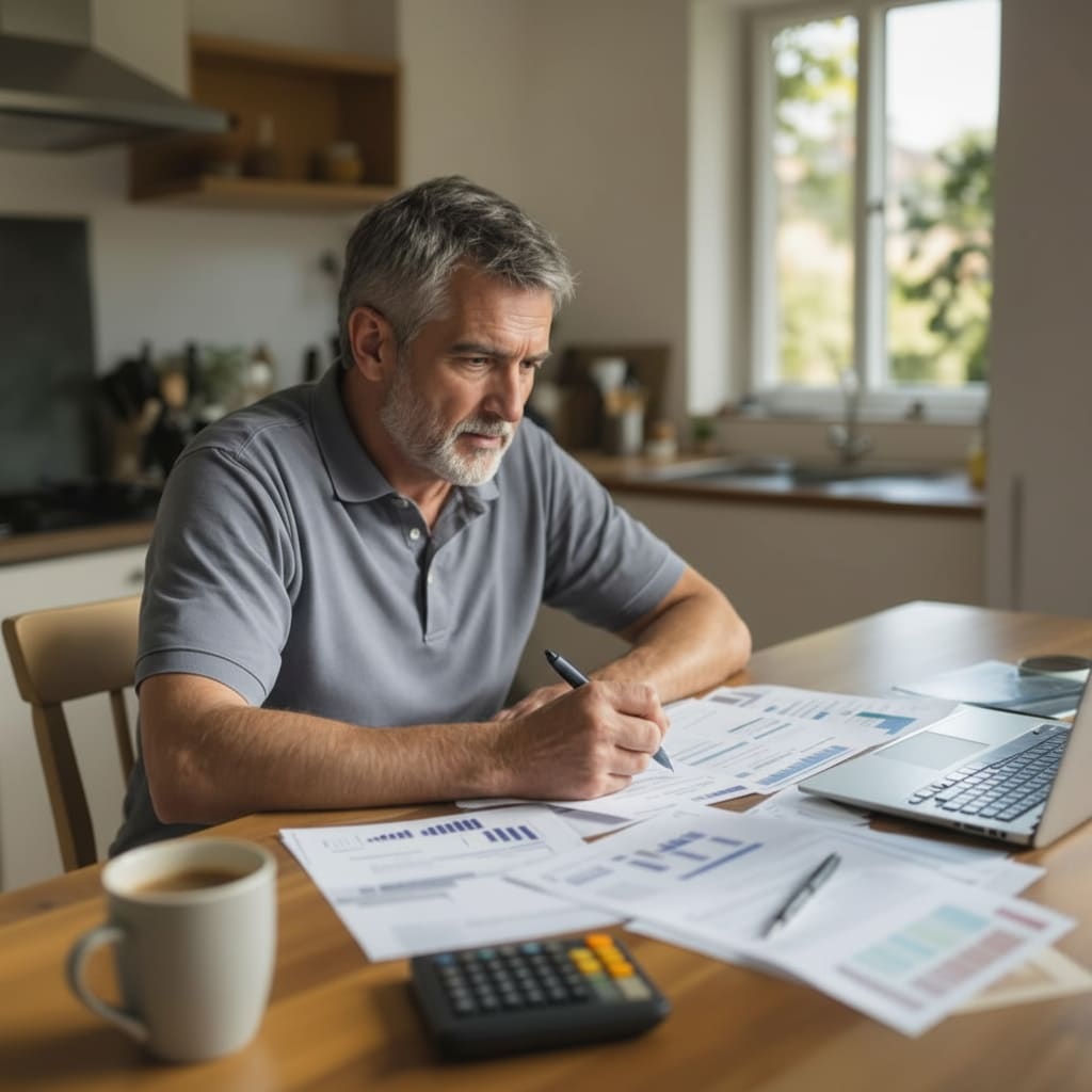 Man in his 40s working through printed financial checklist with pen, calculator, and organized documents on desk