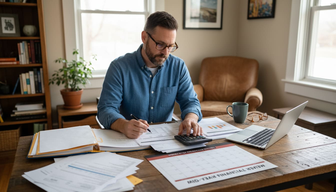 Man in his 40s reviewing financial documents for mid-year check-up at home office